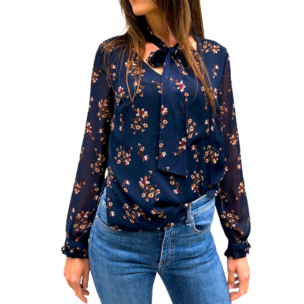 Atmosphere- Semi Sheer Neck-Tie Blouse
